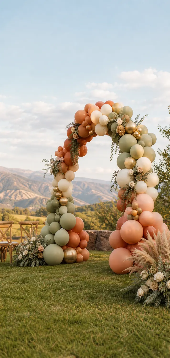 Organic balloon arch for a mountain wedding ceremony
