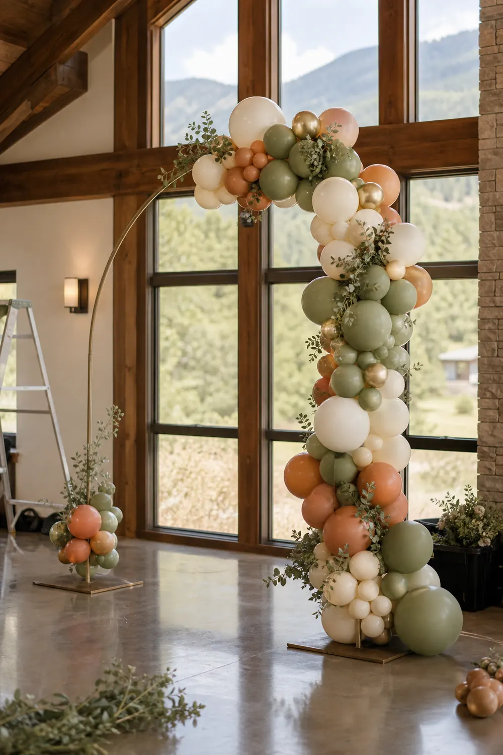 Balloon decor installation in progress at a venue